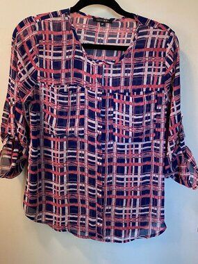 Papermoon Plaid Print Blouse Medium Pink Blue Roll Tab Sleeve Lightweight Top
